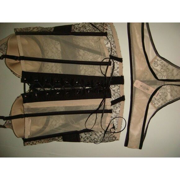 NWT Victoria's Secret 32B,32C CORSET+TEDDY+thong+BUSTIER EMBROIDERED Black Beige - Picture 9 of 15
